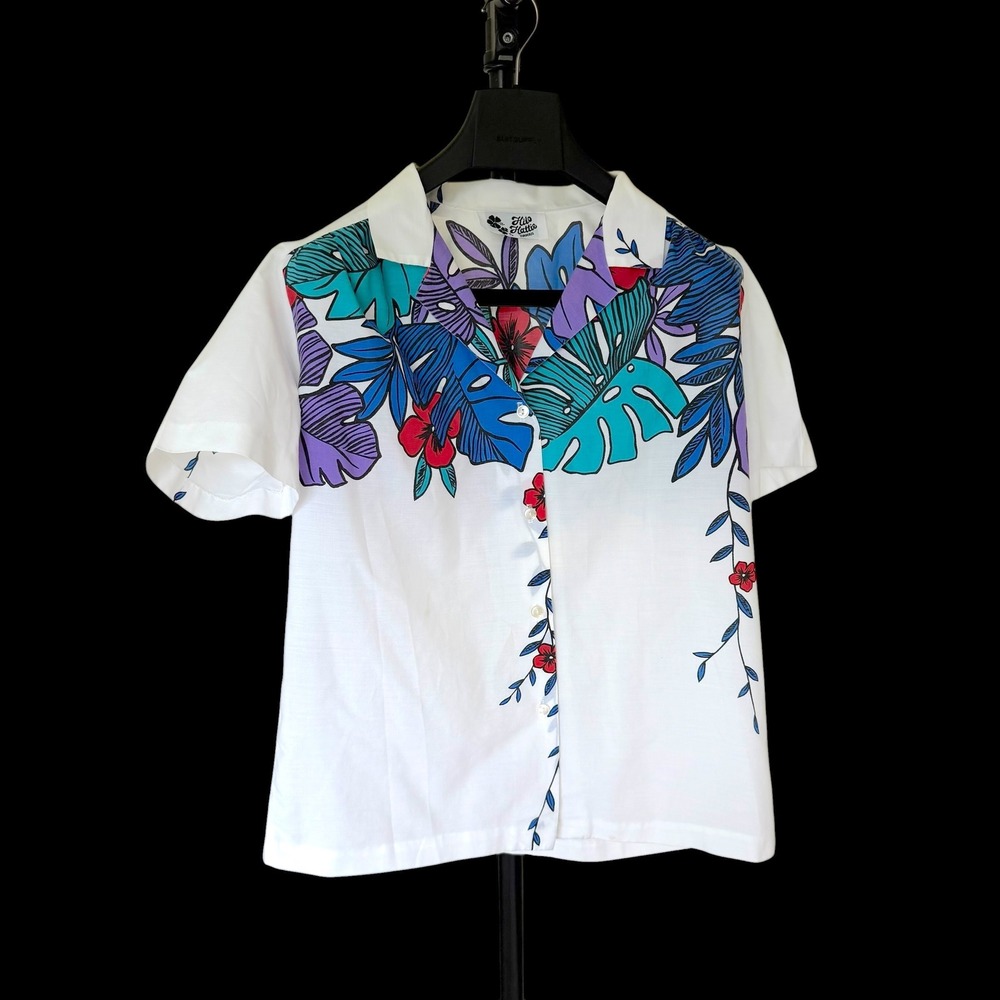 80's Hilo Hattie Tropical Floral Monstera Leaf Short Sleeve Button Up Shirt